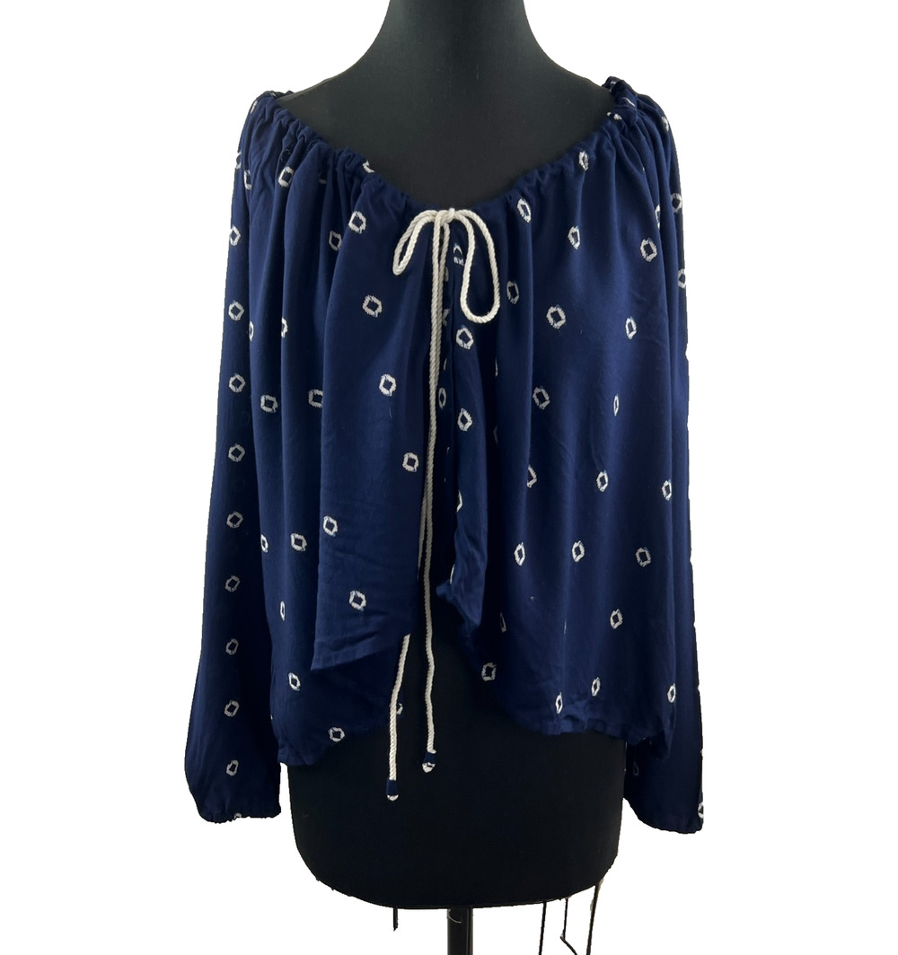 Solito Navy Blue Gathered Top Long Sleeves White Diamonds Ties XS NEW